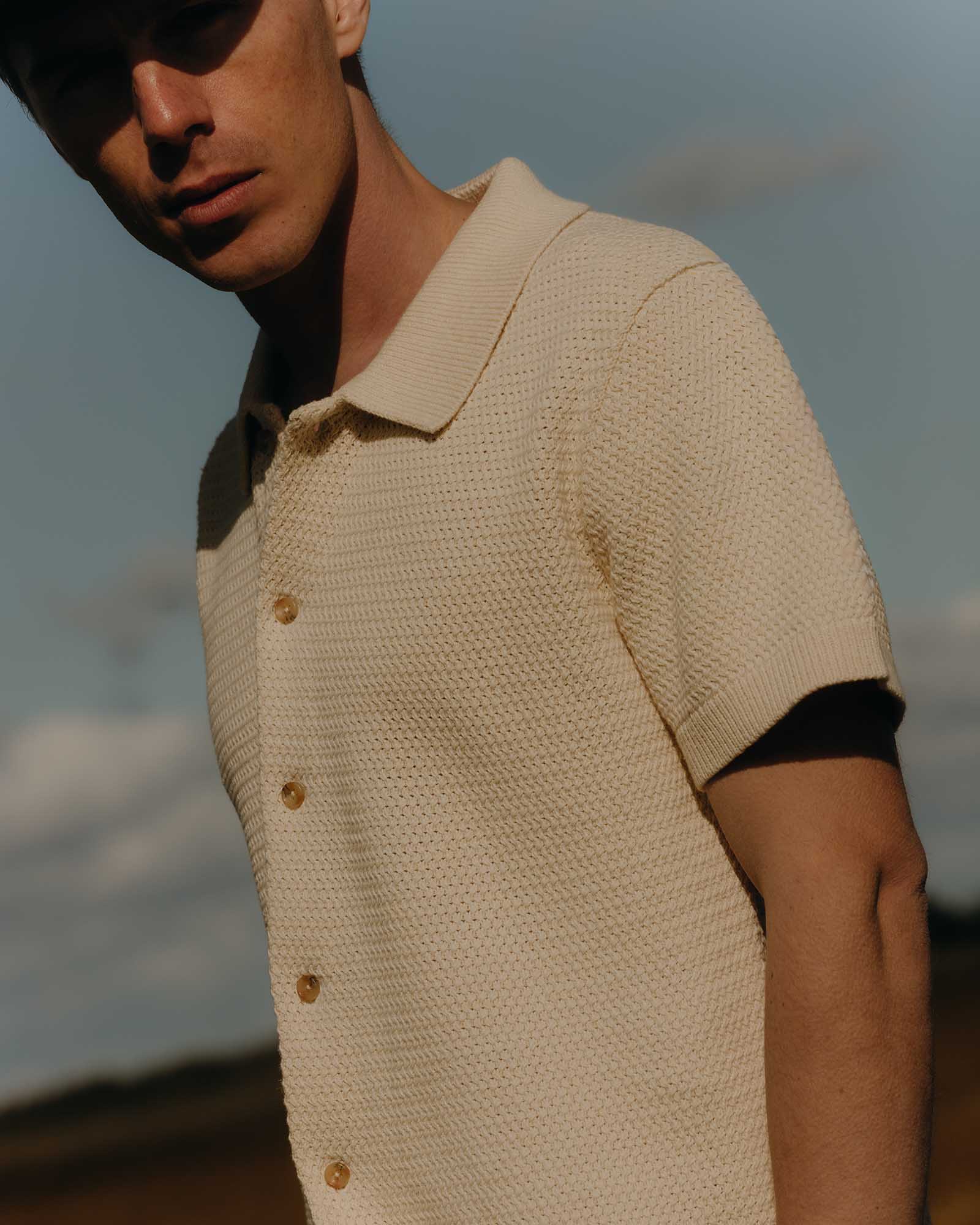 The Button Down Polo in Heather Oat Crochet - Image 2