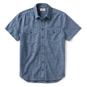 The Short Sleeve Crew Shirt in Washed Indigo Chambray